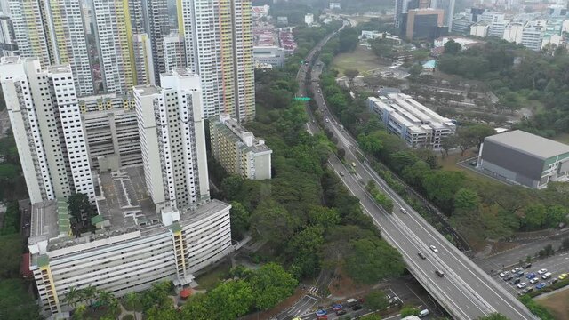 March 01/2019 4k aerial video Morning at HDB Jalan Bukit Merah overlooking to Bukit Merah Floyer - CTE high way, Singapore
