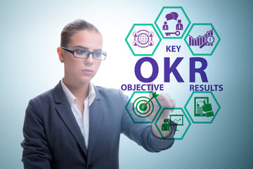 OKR concept with objective key results and businesswoman
