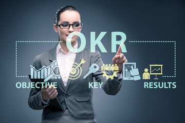 OKR concept with objective key results and businesswoman