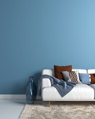 Minimal living room and blue wall texture background interior design / 3D rendering vertical red...