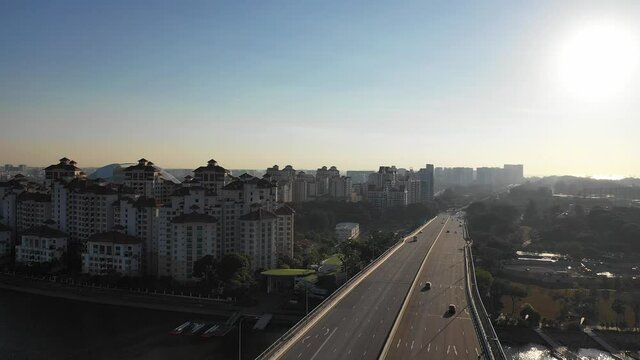 Mar 16/2019 4k aerial video Early morning at Benjamin Sheares Bridge ECP, Singapore	