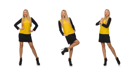 Obraz premium Blond hair girl in yellow and black clothing isolated on white