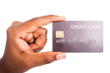 Closeup hand black man holding bank mockup money credit card on hand for payment transfer, studio shot isolated on white background