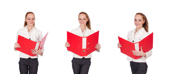 Red hair girl holding paper isolated on white