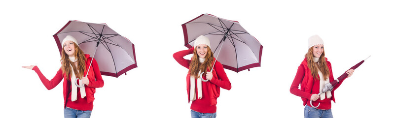 Young woman with umbrella on white