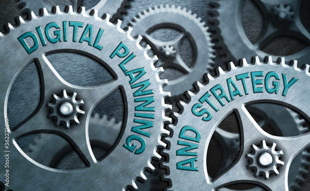 Poster writing note showing digital planning and strategy. business concept for business analysis in online