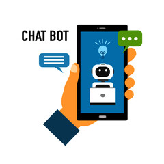 User chatting with chat bot in mobile phone application concept vector illustration on white background. Hand hold smartphone with messenger between robot and user.