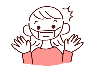 両手を上げて驚くマスク姿の若い女性
