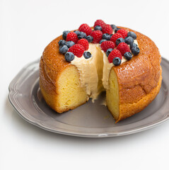 Savarin cake, a kind of rum baba, with custard cream and fresh berries. Isolated on white background.