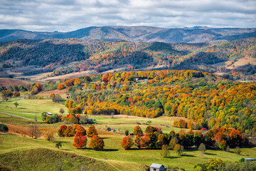 Autumn fall orange red colorful trees forest and farm houses buildings on rolling hills aerial...