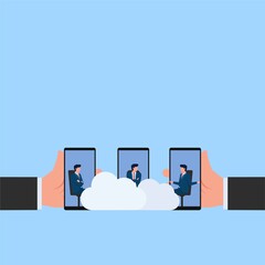 People discuss via phone through cloud metaphor of online meeting. Business flat vector concept illustration.