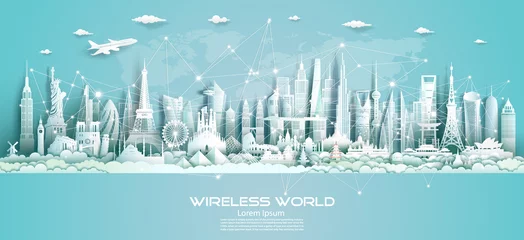 Deurstickers Wireless communication smart city and network technology of the world. © Painterstock