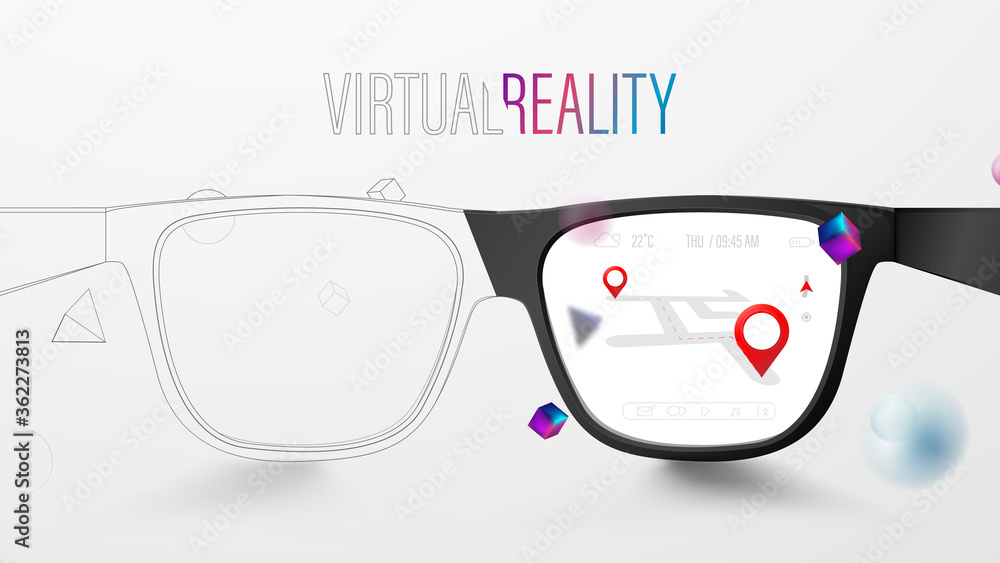 Poster smart glasses with map and red pinpoint on screen. vr virtual reality and ar augmented reality techn