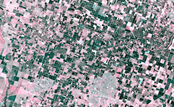 Satellite image of crops and cities in California, USA. Generated from images of the satellite sentinel.