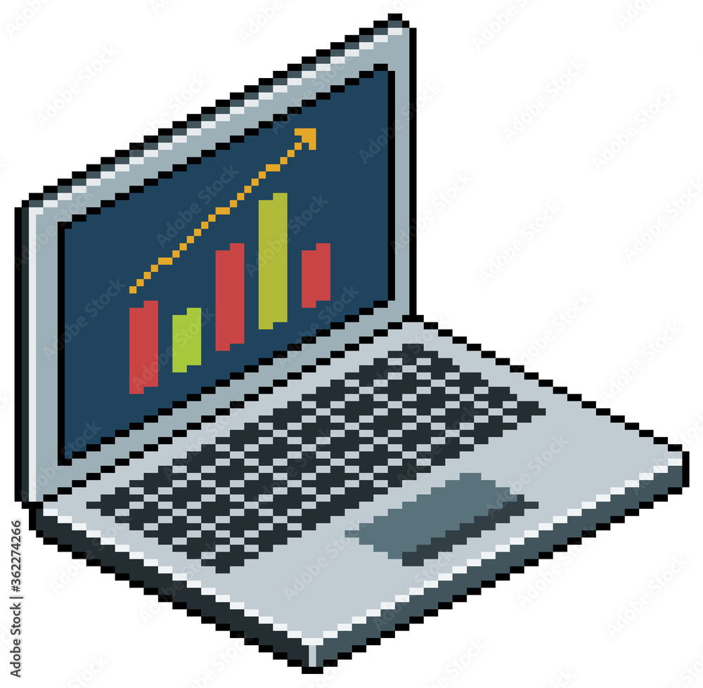 Fototapete pixel art laptop computer with graphics on the screen. 8 bit game item on white background