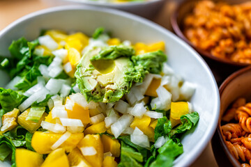Colorful vegan salad bowl with avocado half and chopped onions yellow bell peppers on romaine lettuce leaf for lunch or dinner and tomato pasta in background
