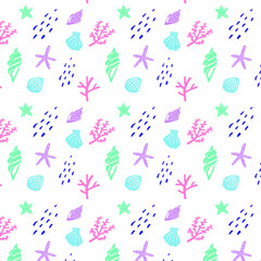 Seamless pattern with seashells and corals.