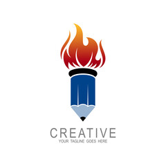 Hot pencil logos, Fire arts with pencil logo vector icon illustration, The passion of drawing with color pencil