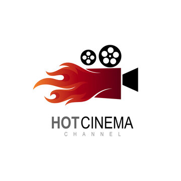 Hot cinema logo symbol or icon template, Hot movie logo with red fire symbol