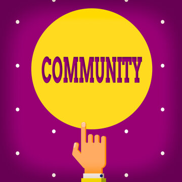 Conceptual hand writing showing Community. Concept meaning group of showing with a common characteristics living together Hand Pointing up Index finger Touching Solid Color Circle