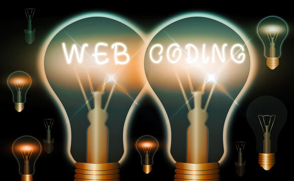 Handwriting text Web Coding. Conceptual photo a system of symbols and rules used to represent instructions Realistic colored vintage light bulbs, idea sign solution thinking concept