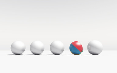 Row of white sphere and a beach ball . Unique creative mindset concept . This is a 3d render illustration .
