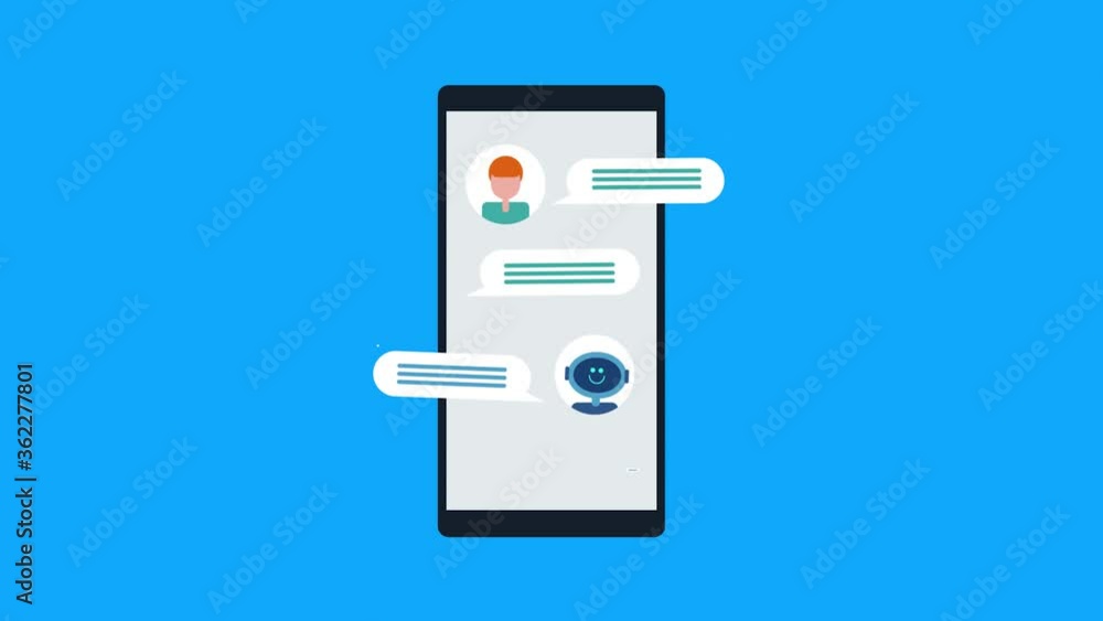 Poster chat conversation between chatbot and customer showing on mobile phone screen, chatbot answering qui