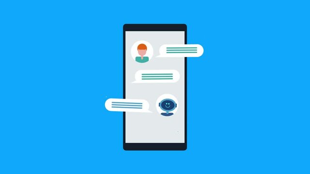 Chat conversation between chatbot and customer showing on mobile phone screen, chatbot answering quires online, virtual robot assistant application, chat bot technology service, 2d animation, 4k video