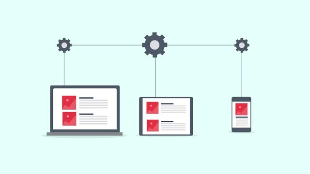 Responsive web design, website development, computer, laptop, smartphone, internet and technology, multiple digital device concept. 2d animation, 4k video clip.