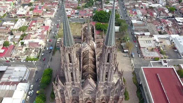 Drone view descending from Zamora Cathedral high-angle