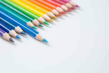 Pattern of Colorful  Many colored pencils on a white background and copy space