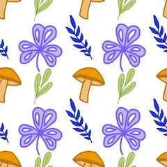 Texture abstract colorful mushrooms and leaf seamless pattern background. 