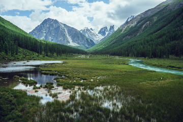 Naklejka na ściany i meble Atmospheric view to great beautiful snowy mountains, alpine lake and mountain river in valley under cloudy sky. Dramatic landscape with big mountain peak with glacier in overcast day. Grass in water.