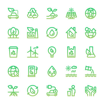 ecology green gradient basic outline icons set