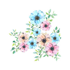 Watercolor floral greenery leaves and peach color rustic bouquet. Bright pink, blue flower and romantic bird for greeting card, weddig card, bridal card, baby shower nursery decor, logo designs.