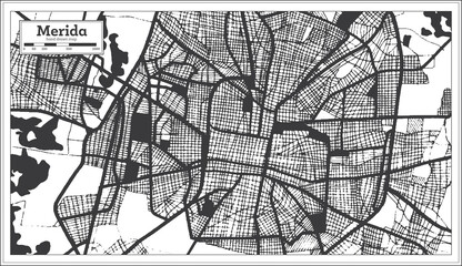 Merida Mexico City Map in Black and White Color in Retro Style. Outline Map.