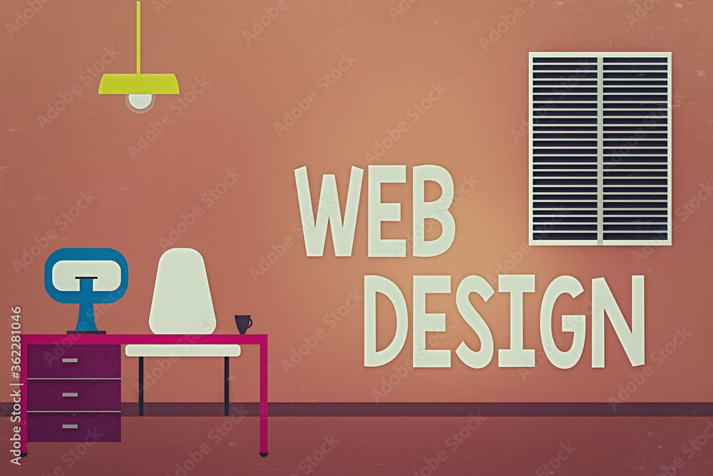 Fototapete Word writing text Web Design. Business photo showcasing website creation which includes layout, content, and graphics Work Space Minimalist Interior Computer and Study Area Inside a Room photo