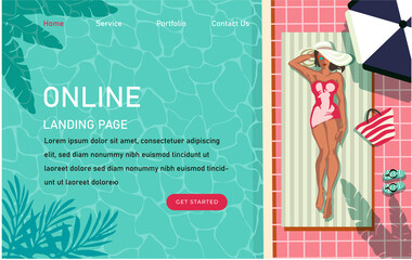 top view or from the back concept of a girl in a large brimmed hat relaxing near a pool water. Suitable for posters, banners or a design concept for a leisure and travel website design.
