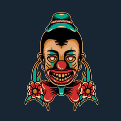 clown head illustration with flower background