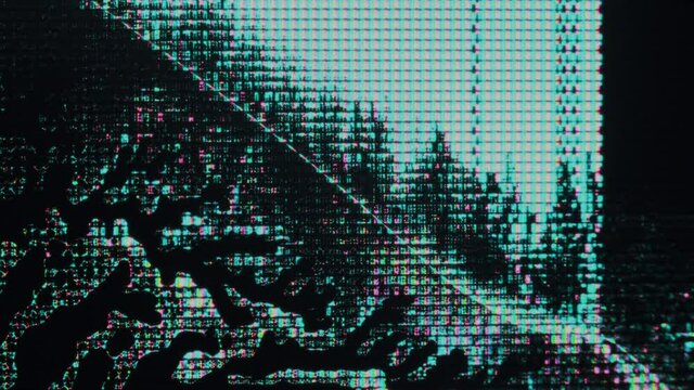 Digital glitch background. Damaged LCD. Blue pink liquid crystal drip motion on black.