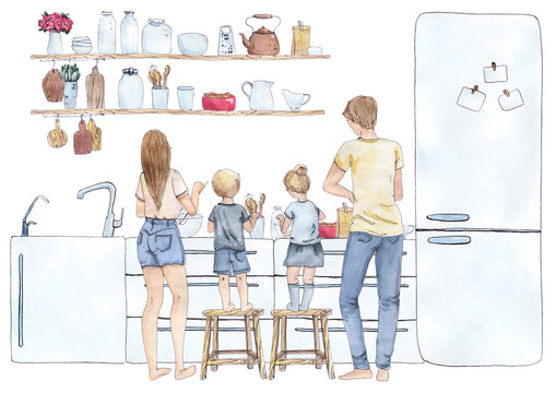 Happy cooking is a collection of high-quality hand-drawn watercolor and line art illustrations of happy family baking and cooking at home kitchen