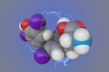 Molecular structure of dextrothyroxine. Atoms are represented as spheres with color coding: carbon (grey), oxygen (red), nitrogen (blue), hydrogen (white), iodine (purple). 3d illustration