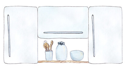 Happy cooking is a collection of high-quality hand-drawn watercolor and line art illustrations of home kitchen