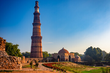 Qutub Minar is a highest minaret in India standing 73 m tall tapering tower of five storeys made of red sandstone and marble established in 1192. It is UNESCO world heritage site at  New Delhi,India