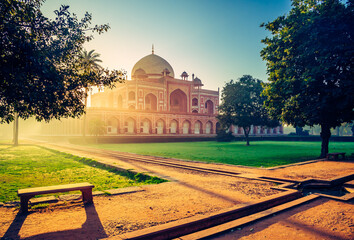 Fototapeta premium Humayun's tomb of Mughal Emperor Humayun designed by Persian architect Mirak Mirza Ghiyas in New Delhi, India. Tomb was commissioned by Humayun's wife Empress Bega Begum in 1569-70.
