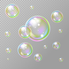 Transparent realistic set of soap bubbles. Soap bubbles in transparent background. Rainbow colorfull reflection soap bubbles. Isolated vector illustration. EPS 10