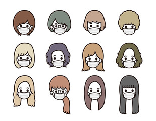 マスクの女性アイコンセット