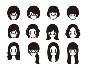 女性 モノクロアイコンセット マスク 顔