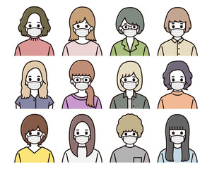 マスクをしたアイコンセット 女性