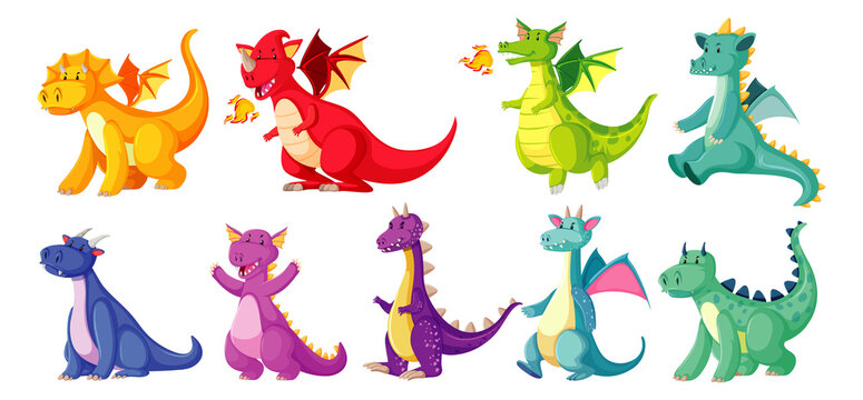 Different color of dragon in color in cartoon style on white background